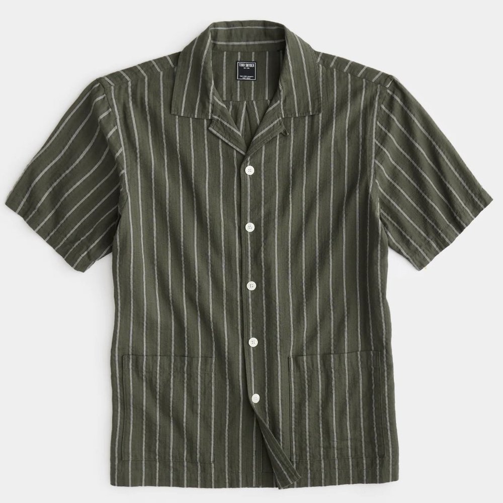 Todd Snyder Olive Green Short-Sleeve Button-Down Stripe Shirt